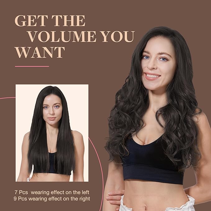 GOO GOO Clip in Hair Extensions Real Human Hair, Remy Human Hair Extensions Clip ins for Women, Natural Human Hair, 14inch 150g 9Pcs, 2 Dark Brown