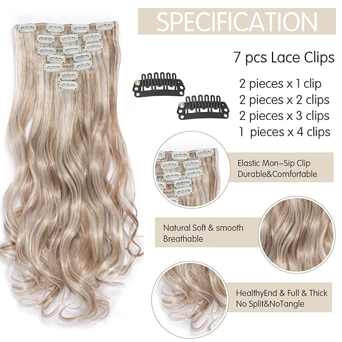 22 Inch Clip In Hair Extensions 7 PCS Long Wavy Synthetic Hair Extension & Natural Soft Invisible Clip Thick Hairpieces for Women Daily(20Inch, 7pcs, Platinum Mixed Light Brown)