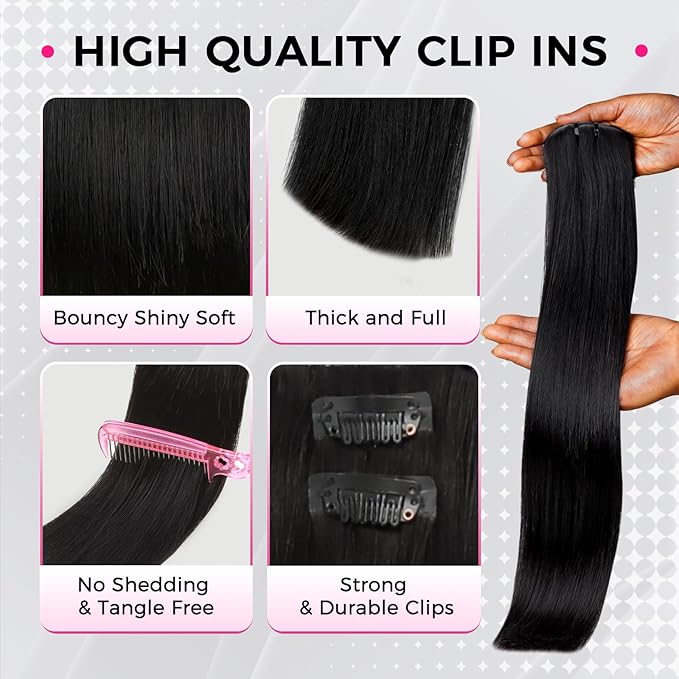 Lashey Invisi Edge Clip in Hair Extensions 16 Inch 110g 7pcs Injected Seamless PU Clip in Hair Extensions Virgin Human Hair, #1 Jet Black Straight Hair