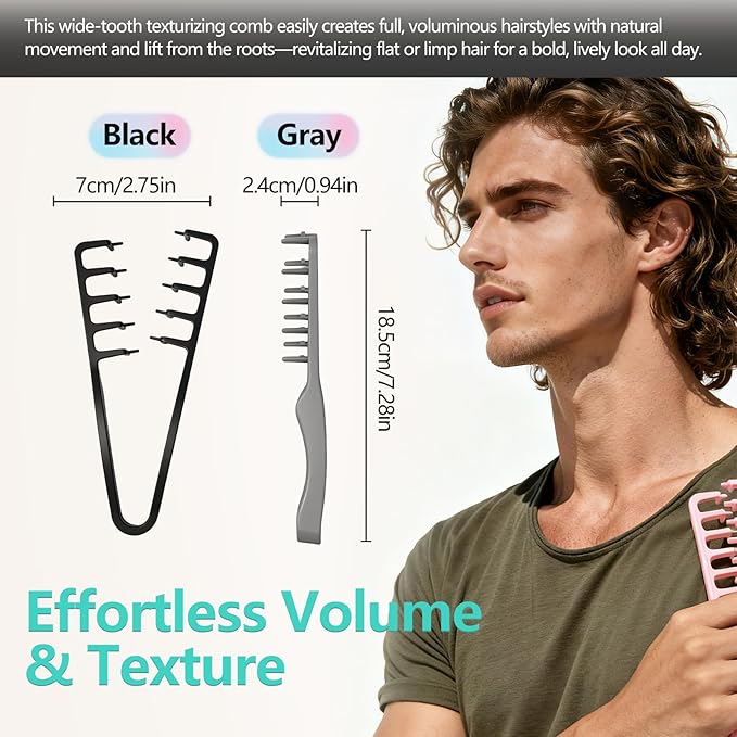 Texture Comb, Voluminous Wide-Toothed Hair Comb, Apparatus Maximum Lift Roots Volume Tool, Barber Wide Fine-Toothed Dual-Purpose Set, ABS Plastic with Textured Grip Tool for Men 1PC (Gray)