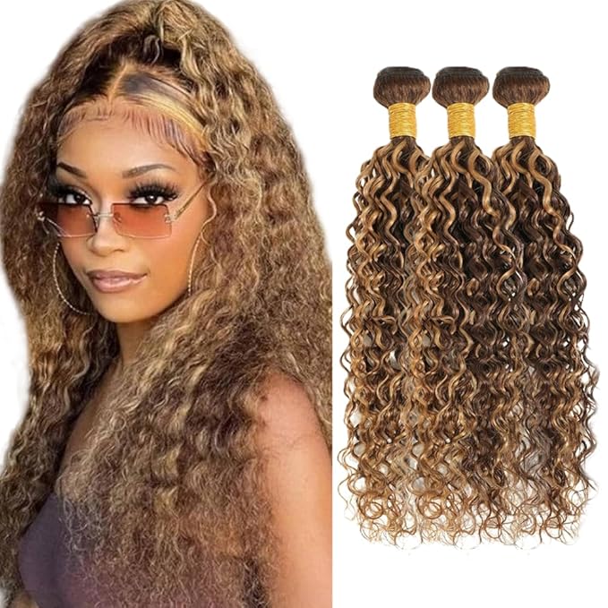 Highlight Brown Human Hair Bundles p427 Water Wave Bundle 18 20 22 inch Honey Blonde Human Hair Weave Bundle