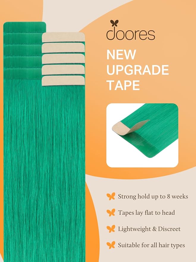 DOORES Tape in Human Hair Extensions, Green Tape, 10pcs 25g 16 Inch, Real Hair Glue, Straight