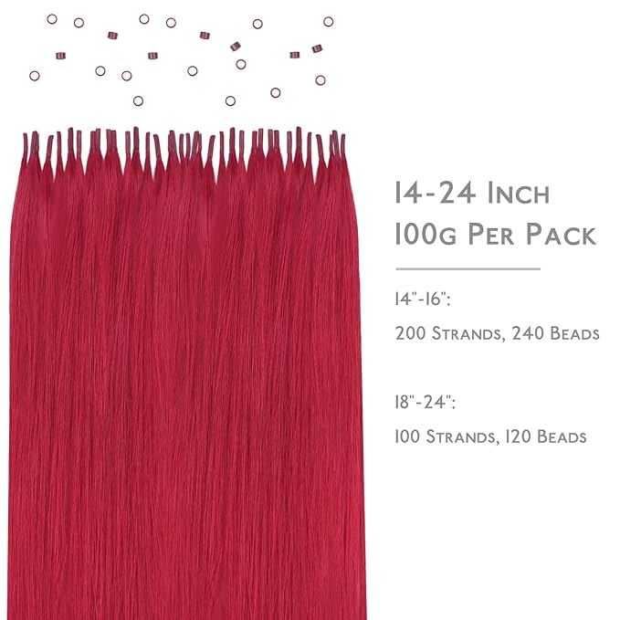 WENNALIFE I Tip Hair Extensions Real Human Hair, 100g 100s 20 Inch Red Remy Itip Human Hair Extensions Invisible Itips Straight I Tips Cold Fusion Extensions