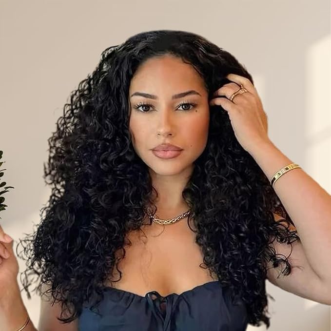 SENSAIRUITE Deep Wave Half Wig Human Hair Curly Half Wigs for Women - Upgrade Drawstring 3 in 1 Seamless Flip Over Glueless Wig 20-inch Natural Black