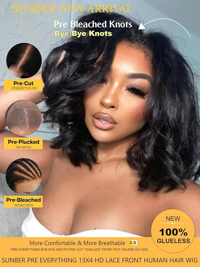 Sunber 13x4 Lace Front Human Hair Bob Wigs Pre Everything 12A Human Hair Bob Pre Plucked Invisible Knots 12Inch Short Bob Wig 150% Density Glueless Bob Wig