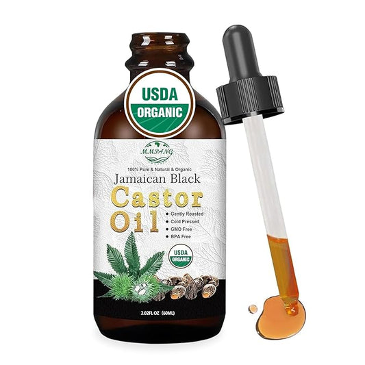 Organic Jamaican Black Castor Oil in Glass Bottle Cold Pressed Hexane Free, 100% Pure Natural Hair Strengthening Oil, Black Castor Oi for Hair Growth Eyelashes Eyebrows (2oz/60ml)