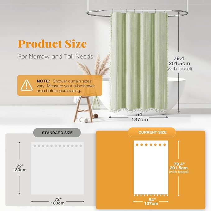 BTTN Boho Farmhouse Shower Curtain - Linen Rustic Heavy Duty Striped Fabric Shower Curtain Set, Bohemian Vintage Country Cloth Shower Curtains for Bathroom, Sage Green, 54" W x 78" L (Pack of 1)