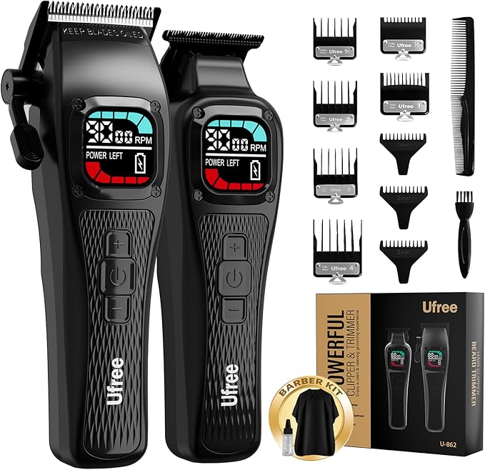 Ufree Professional Hair Clippers for Men, Barber-Grade Cordless Clipper & Split Trimmer Set with LCD Display & Long Lasting Power, Hair Cutting Tools for Home Haircuts, Fading, Beard Trimming