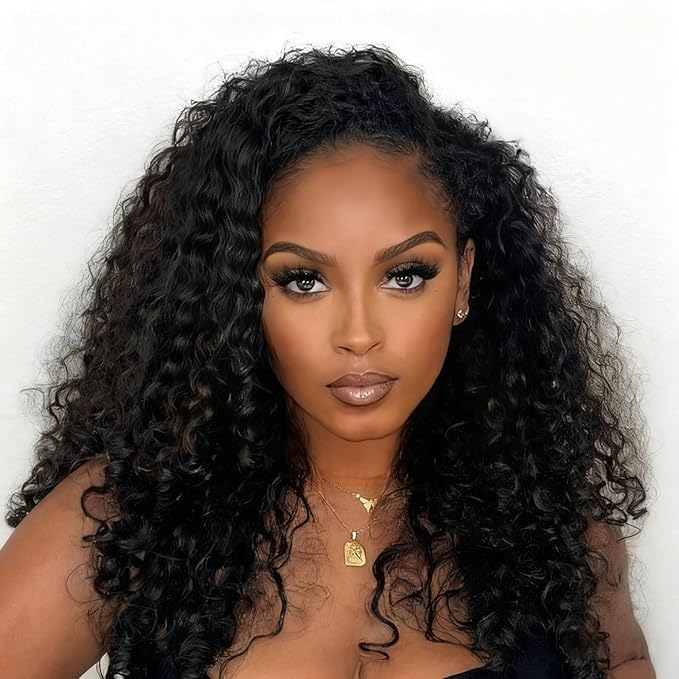 SENSAIRUITE Deep Wave Half Wig Human Hair Curly Half Wigs for Women - Upgrade Drawstring 3 in 1 Seamless Flip Over Glueless Wig 22-inch Natural Black