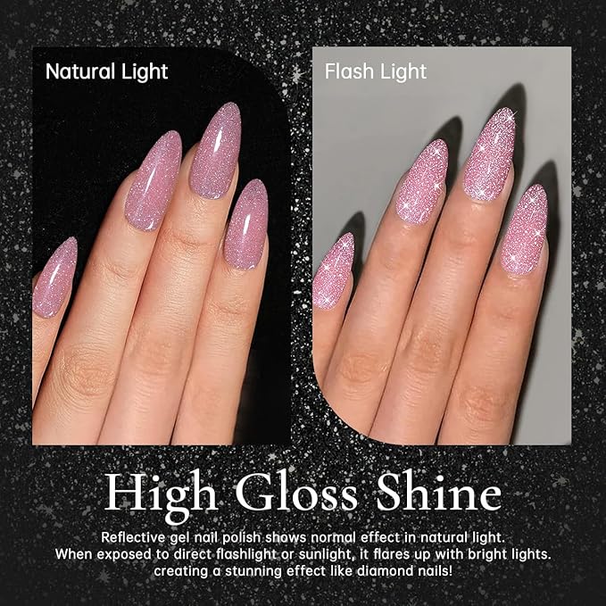 RARJSM Reflective Glitter Gel Nail Polish Nude Jelly Purple Pink Sheer Gel Polish Flash Diamond Sparkle Rainbow Silver Shimmer Soak off Curing Requires 15ml Single Bottle for Home Salon Manicure