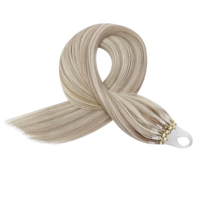 Full Shine Micro Bead Hair Extensions Real Human Hair 22 Inch 50G with 7G Micro Beads Ash Blonde Highlight Bleach Blonde Micro Link Hair Extensions Human Hair Long Straight Hair add Length