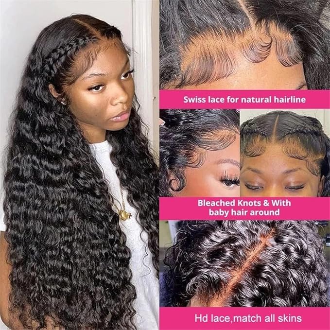 13x4 HD Transparent Lace Front Wigs Human Hair Pre plucked Bleached Knots with Baby Hair Brazilian Virgin Deep Wave Frontal Wigs for Black Women Natural Hairline 24 inch