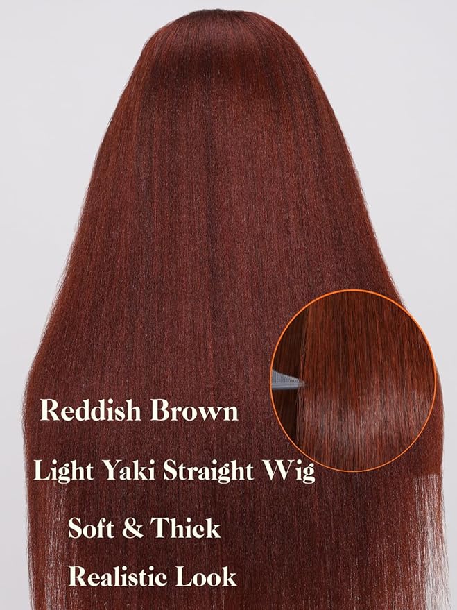 Julia Hair 12A Bye Bye Knots Glueless Wig Reddish Brown Yaki Straight Virgin Human Hair Pre Cut 7x5 HD Lace Front Wigs Invisible Knots Pre Plucked Pre Bleached Auburn Copper Wig 150% Density 26 Inch