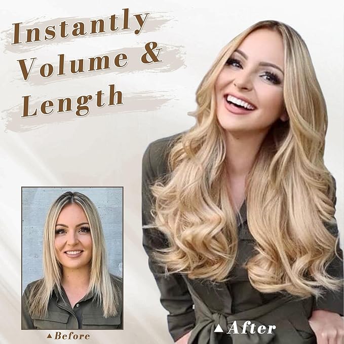 BARSDAR Short Wavy Clip in Hair Extensions - 14 Inch Highlight Hair Extensions Clip ins for Women - 5PCs Thick Soft Synthetic Loose Wave Clip in Hairpieces – Golden Blonde with Highlights