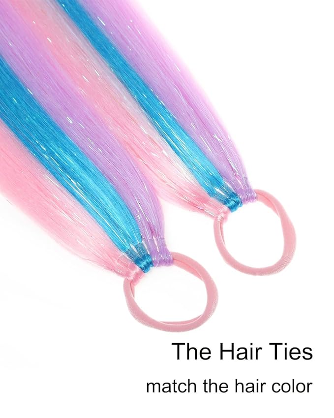 Colored Hair Extensions Blue Pink Purple Ponytail Extension Colorful 2 Packs, 20 inch Crazy Hair Day Accessories for Women, DIY Festival Wacky Rave Braids,Tinsel Mixed