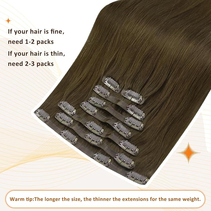 Full Shine Seamless Hair Extensions Clip in Brown Clip in Hair Extensions Medium Brown Human Hair Clip ins PU Weft Long Hair Add Volume 20 Inch 8 PCS 120 G