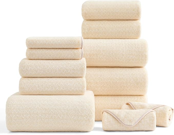 Ultra Soft Bath Towel Set,12 Piece (4 Bath Towels,4 Hand Towels,4 Washcloths) Family Bathroom Towel Set with Hanging Loops,Quick Dry Extra Absorbent Fluffy Shower Towel for Bathroom,Hotel,Spa-Beige