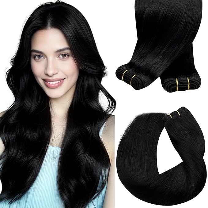 Sunny Hair 22 inch Sew in Hair Extensions Real Human Hair Jet Black Sew in Hair Extensions Long Hair Black Real Human Hair Extensions Weft Black Human Hair Weft Extensions for Women 100g