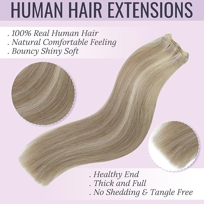 Fshine Hand Tied Weft Hair Extensions Human Hair Color Ash Blonde Highlight Blonde Sew In 16 Inch Invisible Hair Extensions Human 100g