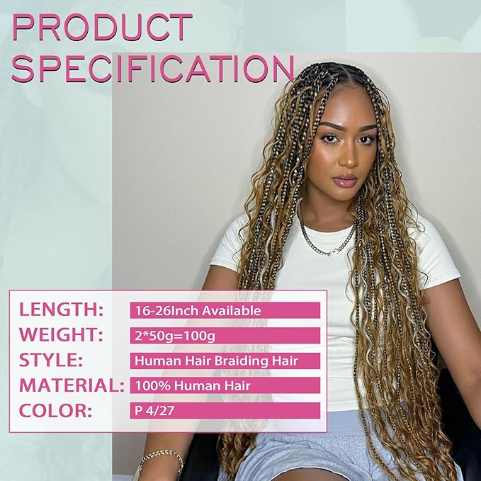 26 Inch Human Braiding Hair 100g Deep Wave Bulk Human Hair for Braiding Brazilian Virgin Human Hair Bundles Wet and Wavy Bundles No Weft Curly Human Hair Extensions for Boho Braids P4/27