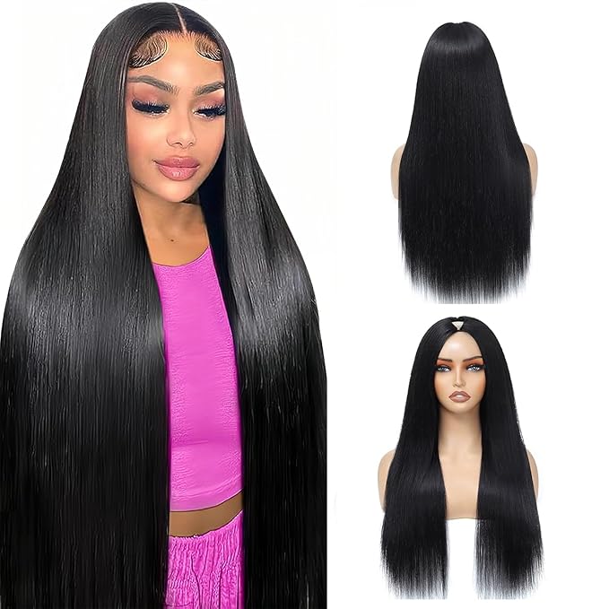 V Part Wig Human Hair Straight Human Hair Wigs Upgrade U Part Human Hair Wig for Women No Leave Out No Sew In 200% Density Natural Color 26 Inch