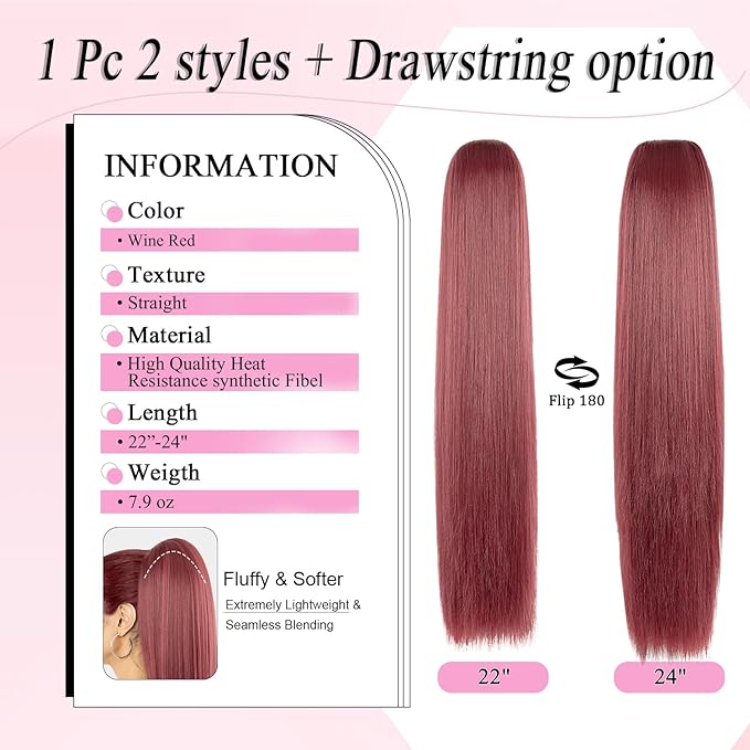 Ponytail Extension, 24" Long Straight Claw Clip Ponytail Extension clip on ponytails hair clip Hair claw clip Fake Ponytail Hairpieces for Women - Wine Red