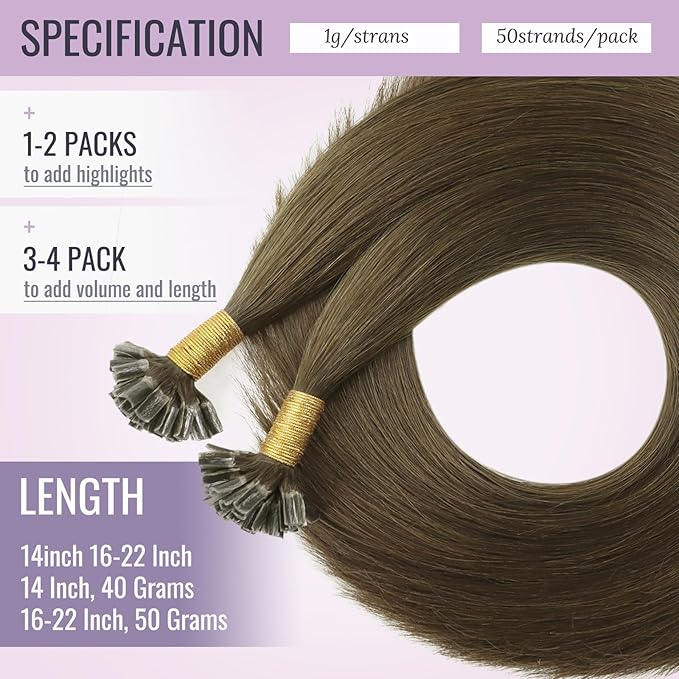 Fshine U Tip Human Hair Extensions 100% Keratin Human Hair Dark Brown 18 Inch Pre Bonded Keratin Hair Extensions 50g/50s Hot Fusion U Tip Keratin Bondings