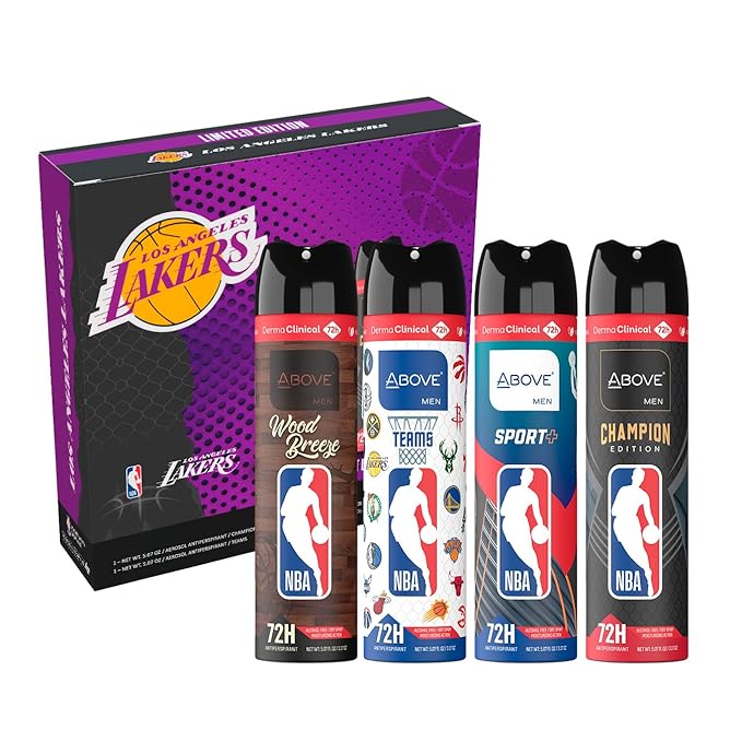 Above NBA – LOS ANGEKES LAKERS Deodorant Gift Set – A Giftable Set for LAKERS Fans – Antiperspirant Spray, 4 Signature Scents, 72h Protection, Dry Spray, No Stains – 5.07 oz, Pack of 4