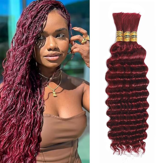 Red Boho Hair for Braiding Deep Wave Bulk Human Hair for Braiding 26 Inch No Weft 99j Deep Wave Bulk Bohemian 3 Bundles 150g
