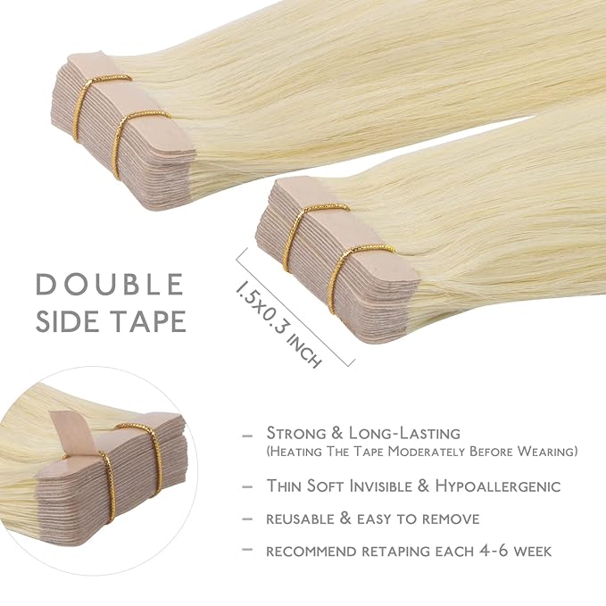 WENNALIFE Tape in Hair Extensions Human Hair, 20pcs 50g 14 inch Bleach Blonde Remy Hair Extensions Straight Human Hair Tape in Extensions Skin Weft Tape Extensions Human Hair
