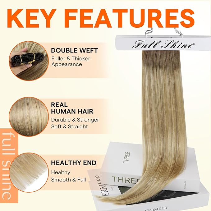 Full Shine Weft Hair Extensions Human Hair 22 Inch Sew In Hair Extensions Brown Hair Weft Extensions Soft Silky Hair Color Chestnut Brown To Honey Blonde Mix Platinum Blonde Hair Bundles 105G