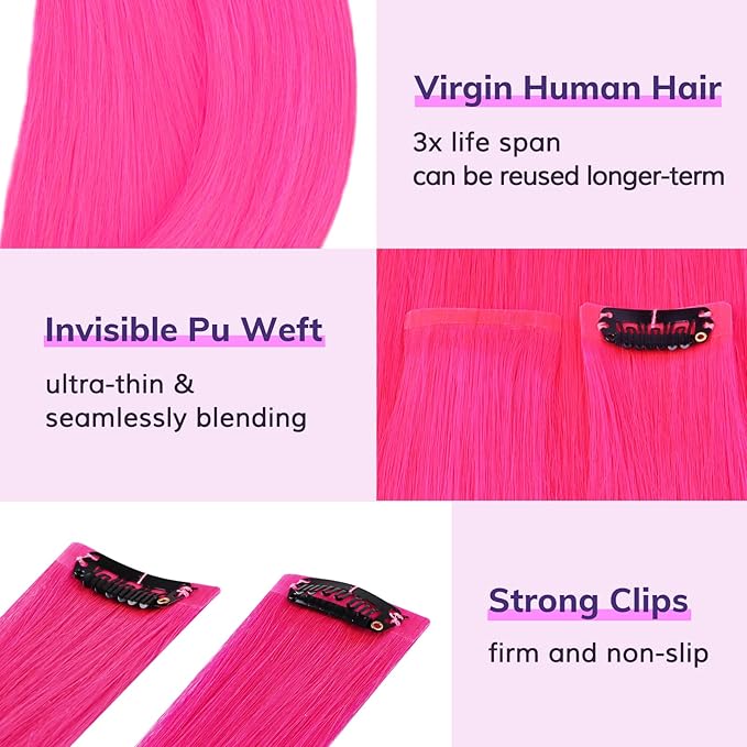 IDN BEAUTY Seamless Clip In Hair Extensions Human Hair, 14 Inch 30g 6Pcs Hot Pink Straight Real Virgin Human Hair Seamless Clip Ins For Black Women PU Weft Invisible Edge