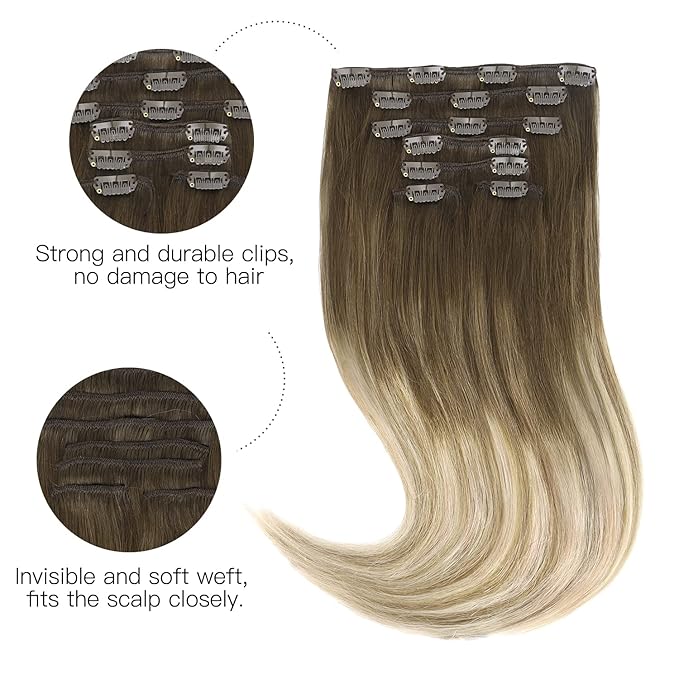 HOTBANANA Human Hair Clip in Hair Extensions, Ombre Walnut Brown to Ash Brown and Bleach Blonde 120g Clip in Hair Extensions Real Human Hair Straight Remy Hair Clip Ins 14 Inch 7pcs