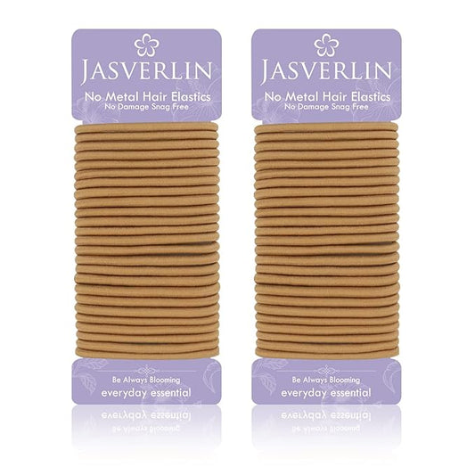 No Metal Hair Ties Brown Elastics Nylon for Women Girls Large Thick Fine Beauty Hair Ties Ponytail Holder Snag Free No Damage No Breakage 4mm 50 pcs JASVERLIN (Light Ash brown)