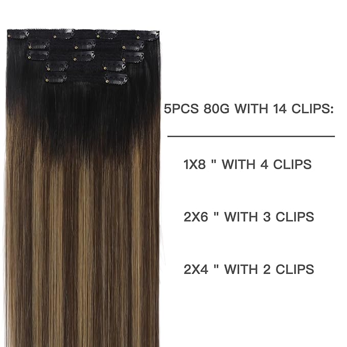 Clip in Hair Extensions Human Hair Ombre Clip in Extensions Balayage Natural Black to Chocolate Brown Mix Caramel Blonde Real Remy Human Hair 80g 5pcs 12inch