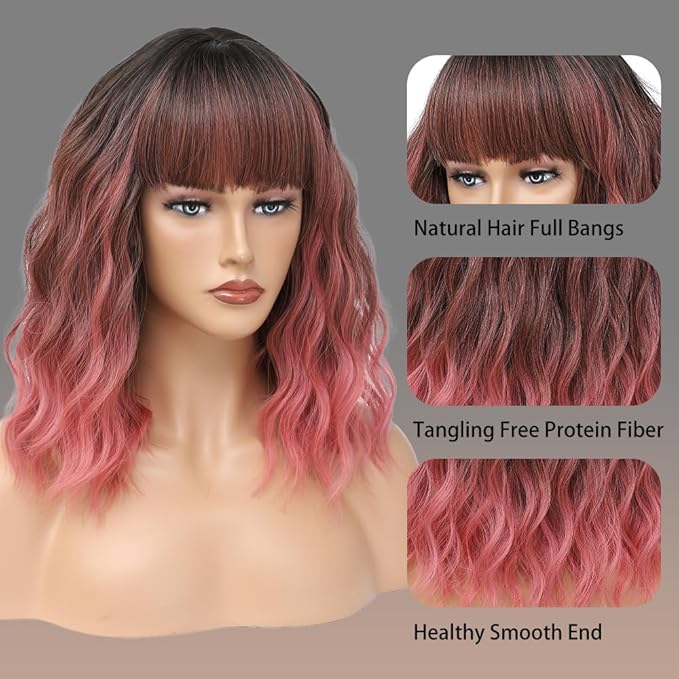 WAVE&BREEZE Short Ombre Pink Wigs with Bangs 14Inch Wavy Curly Bob Hair Wig for Women Shoulder Length Natural Looking Hair Replacement Wig for Daily Party Cosplay Costume Halloween