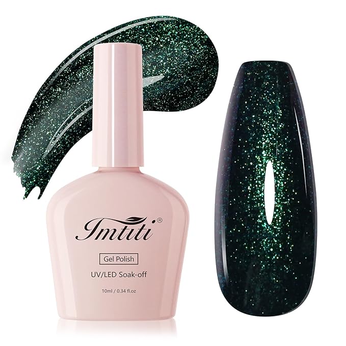 Imtiti Glitter Gel Nail Polish, 1Pcs Dark Night Starlight Green Gel Polish Sparkle Green Soak Off UV LED Gel Polish, Nail Art Starter Manicure Salon DIY at Home for Women (0.34 Fl Oz-1927)