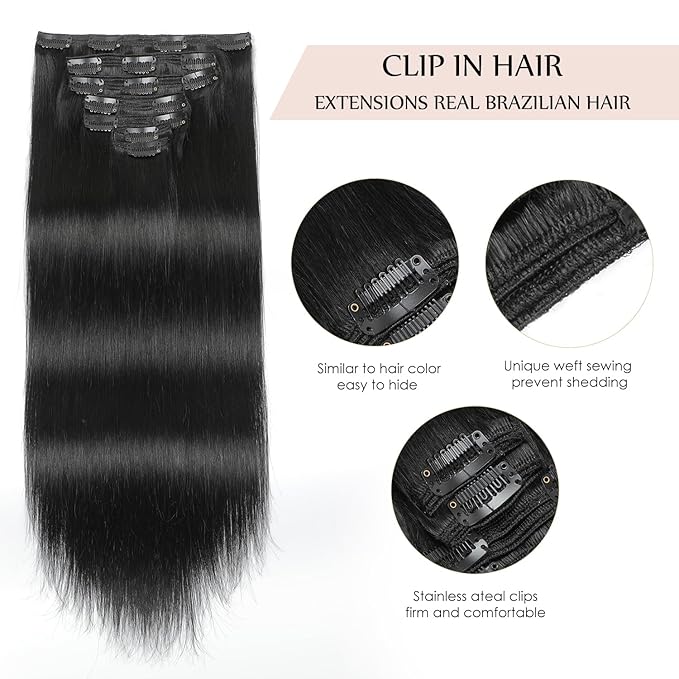 Sisily Clip in Hair Extensions Real Human Hair, 18 inch 150g, Jet Black, 100% Brazilian Remy Human Hair Clip in Extensions Soft Straight 7pcs Per Set with 16 Clips Double Weft