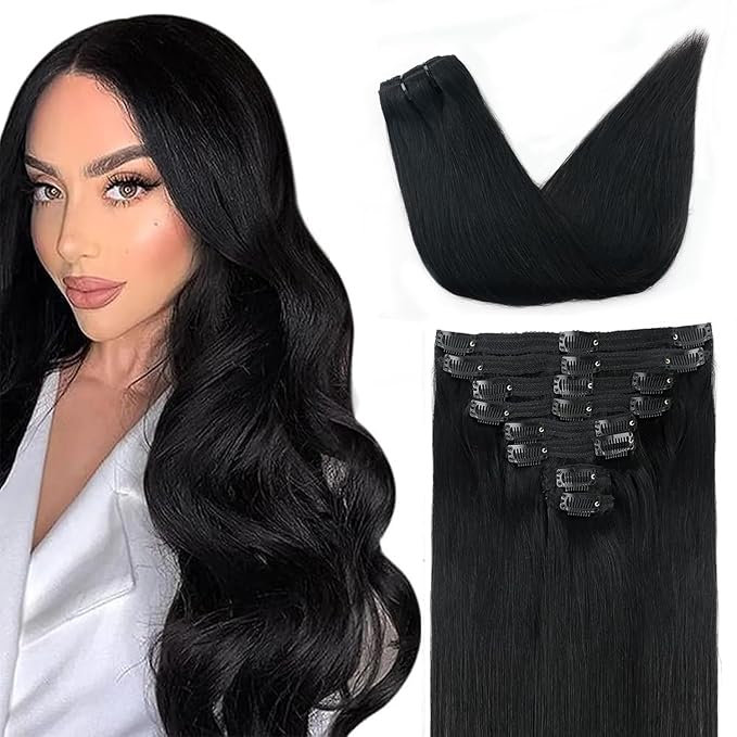 Straight Clip In Hair Extensions Real Human Hair 8Pcs Clip In Jet Black Human Hair Extensions with 18Clips Lace Weft 120g 14inch