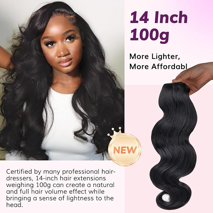 IDN BEAUTY Seamless Clip In Hair Extensions Human Hair, 100g 14 Inch Natural Black Real Virgin Human Hair Body Wave Seamless Clip Ins For Black Women PU Weft Invisible Edge 7pcs Thick Enhancement