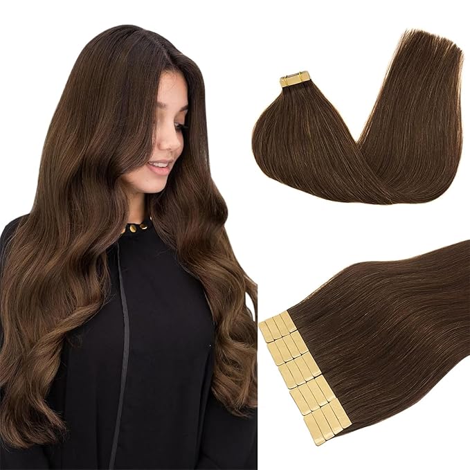 DOORES 20pcs 50g Tape in Human Hair Extensions Chocolate Brown Straight Remy Hair Extensions Natural Hair Extensions Skin Weft 24 Inch