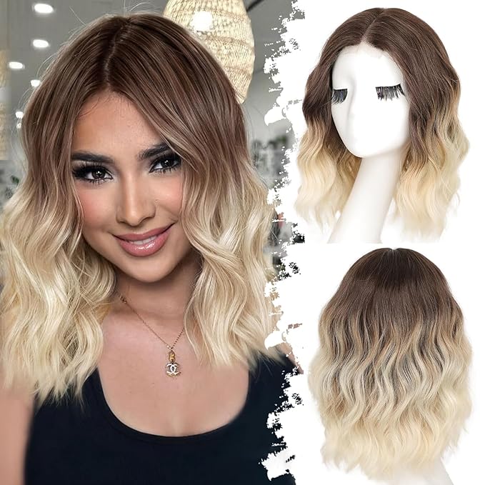 Brown to Platinum Blonde Short Wavy Wig for Women Lace Hairline Bob Style Synthetic Heat Resistant - Natural Appearance for Everyday Hairstyle 14 Inch