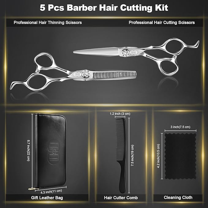 CIICII Professional Hair Cutting Scissors Shears Kit, 440C 6.7 Inch Barber Haircut Scissors Set (Hair Beard Trimming Haircutting Thinning Shears) for Hairdressing Stylist Hairdresser Salon Home