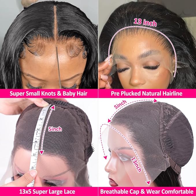 Pizazz 13x4 Transparent Lace Front Wigs Human Hair Pre Plucked with Baby Hair 180 Density Glueless Body Wave Frontal Wigs Human Hair with Natural Hairline(30 Inch)