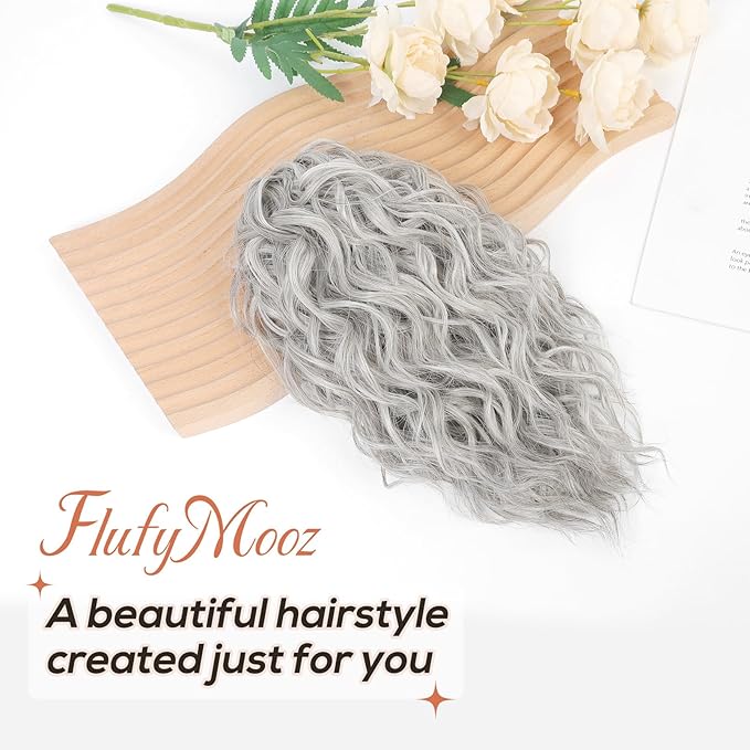Flufymooz Ponytail Extension, 12" Short Claw Ponytail Extension Wavy Curly Jaw Clip in Pony tails Hair Extension Natural Synthetic Hairpiece for Women (Grey/Silver/White Mixed)