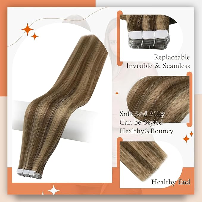 Full Shine Tape in Human Hair Extensions 12 Inch PU Tape Hair Double Sided Tape in Extension 4 Medium Brown Highlight 27 Honey Blonde Remy Skin Weft Tape ins Human Hair 30g Invisible Hair Extensions