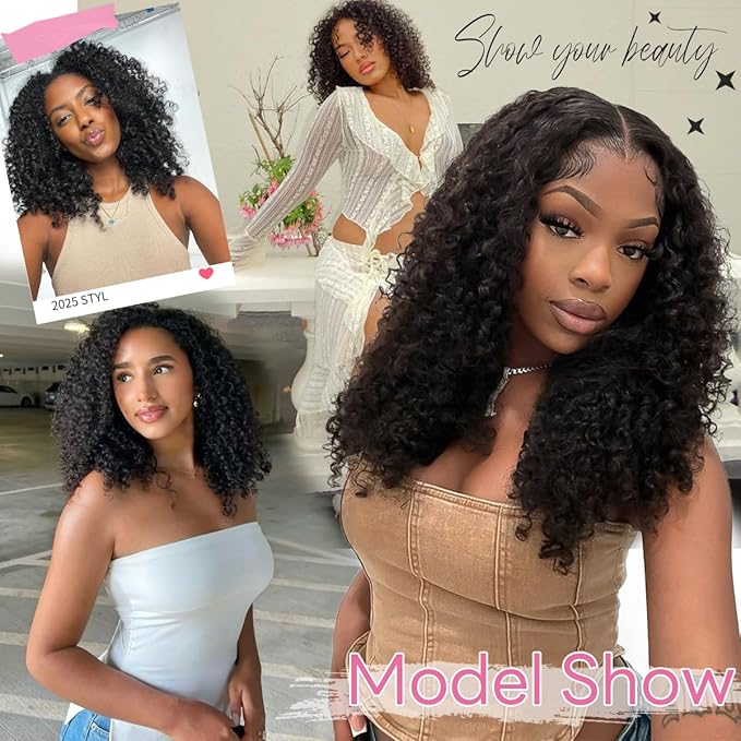 IUPin Curly Half Human Hair Wig 20 Inch 200% Density 3 In 1 Seamless Flip Over Glueless Wear And Go Wigs Human Hair With Update Drawstring Headband Seamless Clip Ins Kinky Curly Wigs For Women