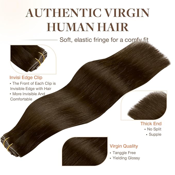 GOO GOO Invisi Edge Clip in Hair Extensions Set, 20inch 130g, 5pcs Injected Seamless PU Clip ins and 2pcs Classical PU Clip insip ins, Virgin Real Human Hair, #4A