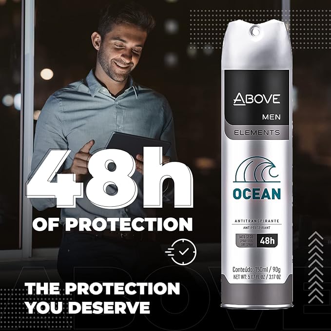 ABOVE Ocean - 48 Hours Element Antiperspirant Deodorant Set for Men - Dry Spray Protects Against Sweat and Body Odor - Leaves No White Marks - Delicate Scent - Alcohol Free - 4 pc
