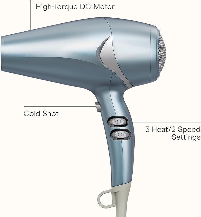 Infiniti PRO CONAIR Hair Dryer with Diffuser and Concentrator, 1875W Style & Shine Blow Dryer with Tourmaline and Ionic Conditioning to Fight Frizz, 3 Heat & 2 Speed Settings, Blue